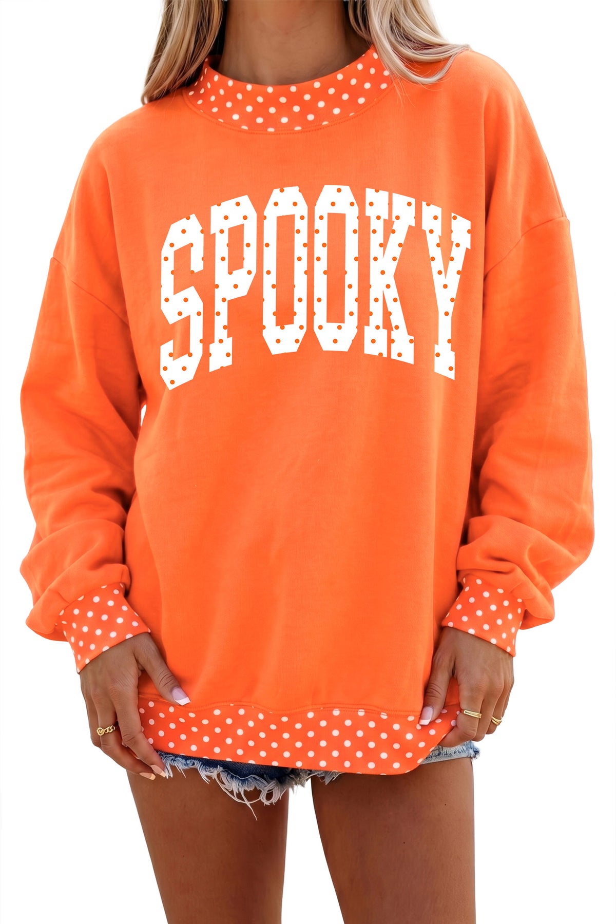 Orange SPOOKY Polka Dot Letter Print Mock Neck Baggy Pullover Sweatshirt