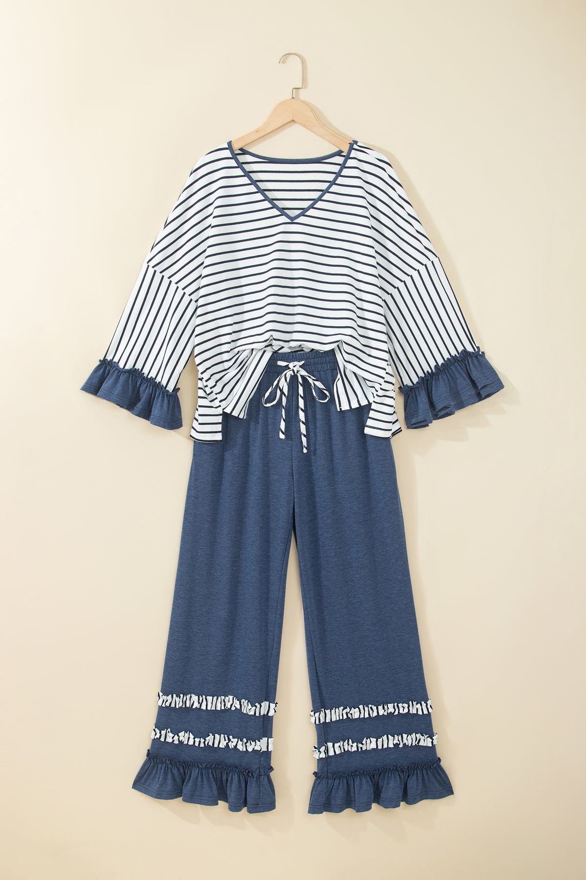 Gray Stripe V Neck Ruffle Contrast Sleeve Top Drawstring Pants 2pcs Set