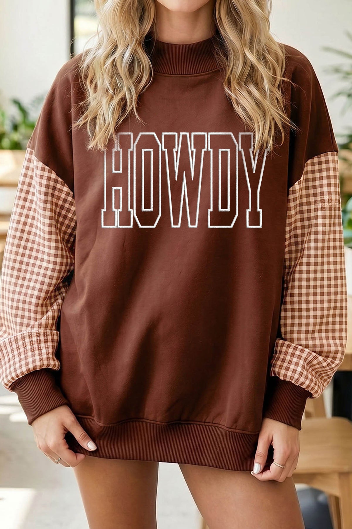 Coffee Contrast Plaid Sleeve HOWDY Embroidered Letter Graphic Mock Neck Sweatshirt