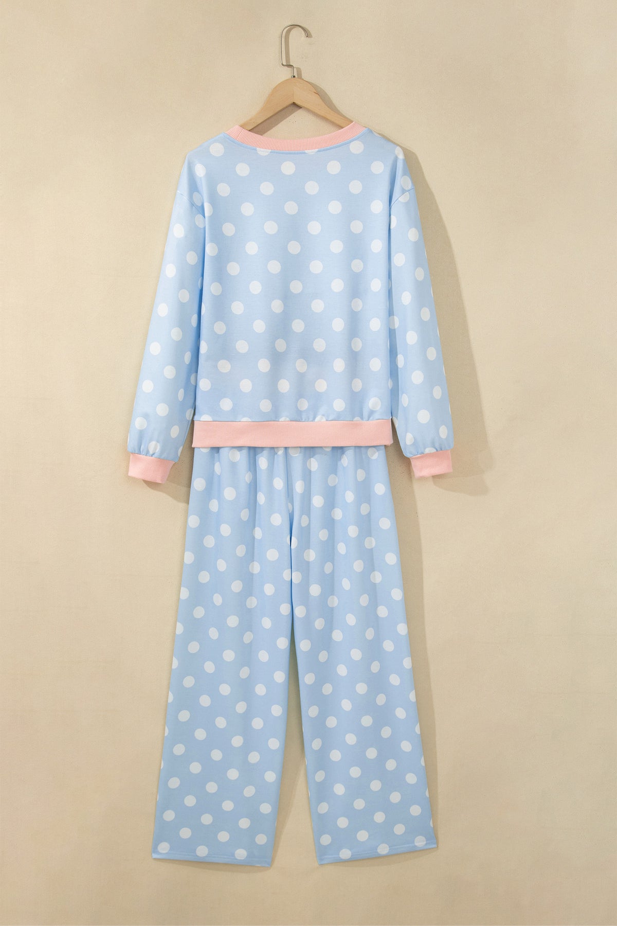 Khaki Polka Dot Contrast Trim Long Sleeve Top Drawstring Shift Pants Set