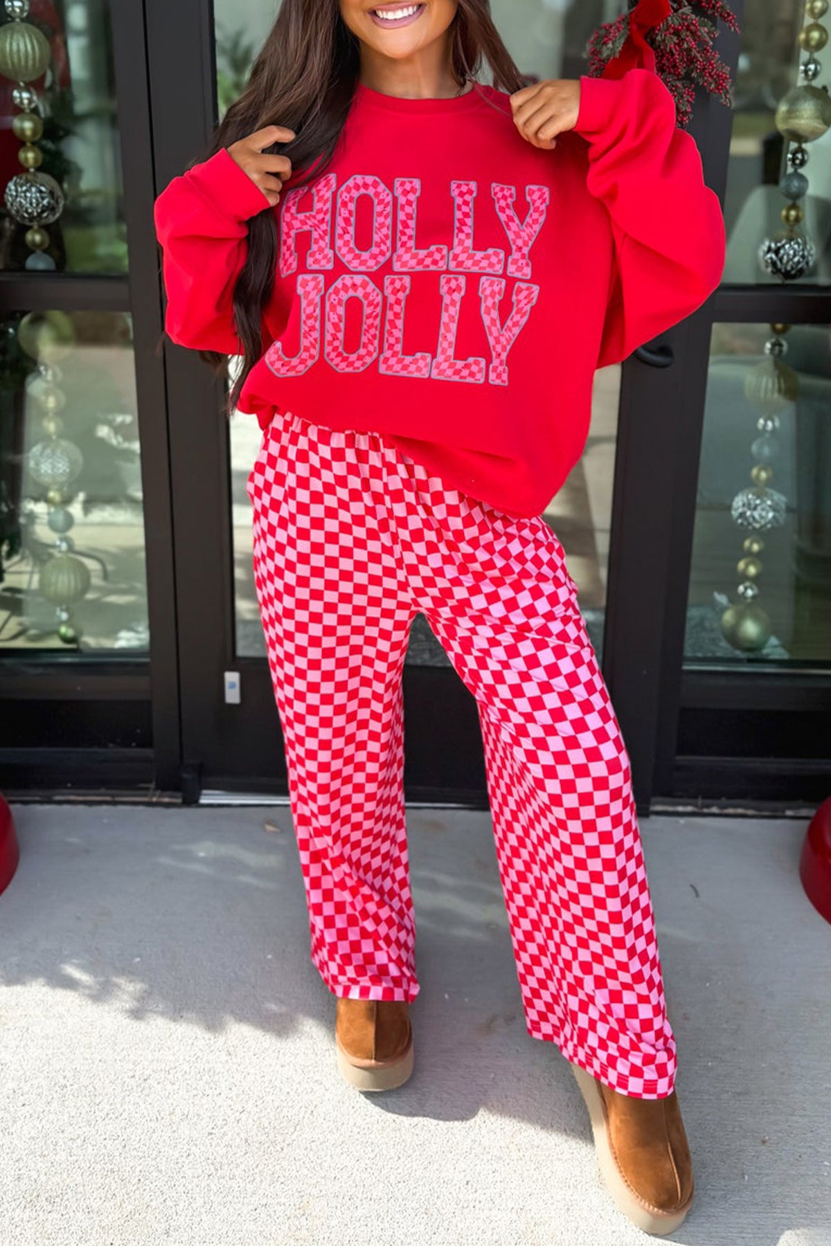 Pink Christmas Slogan Graphic Plaid Contrast Two-piece Pant Set