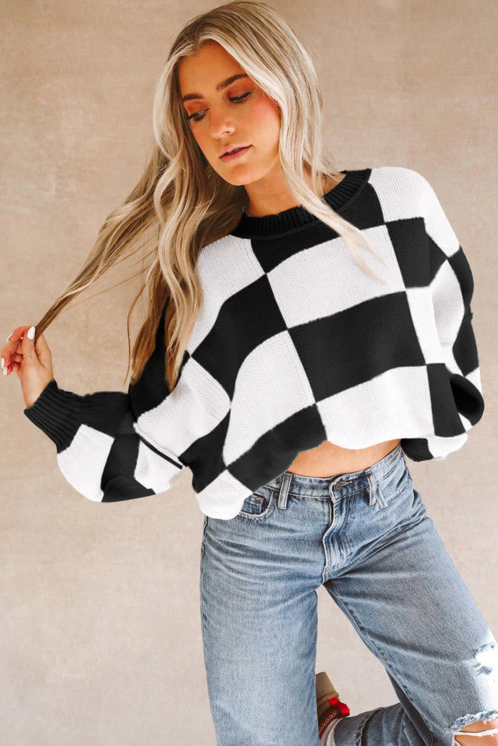 Orange Checkered Bishop Sleeve Sweater