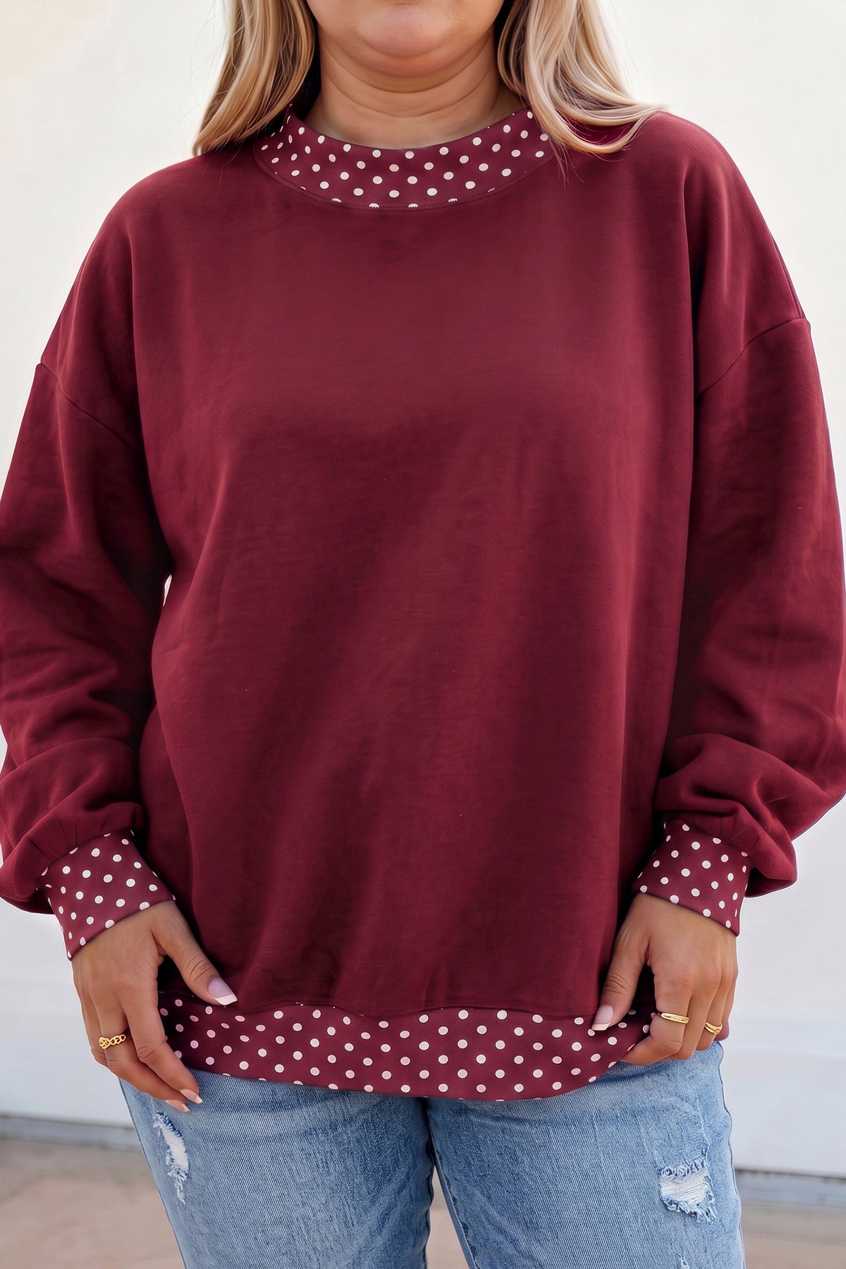 Red Polka Dot Patchwork Round Neck Plus Size Sweatshirt
