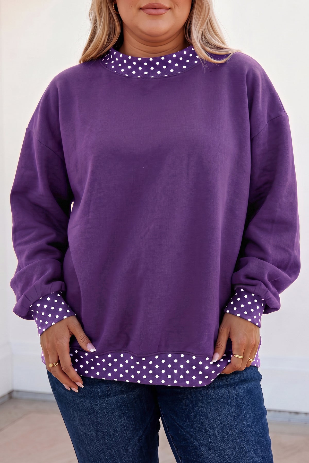Red Polka Dot Patchwork Round Neck Plus Size Sweatshirt