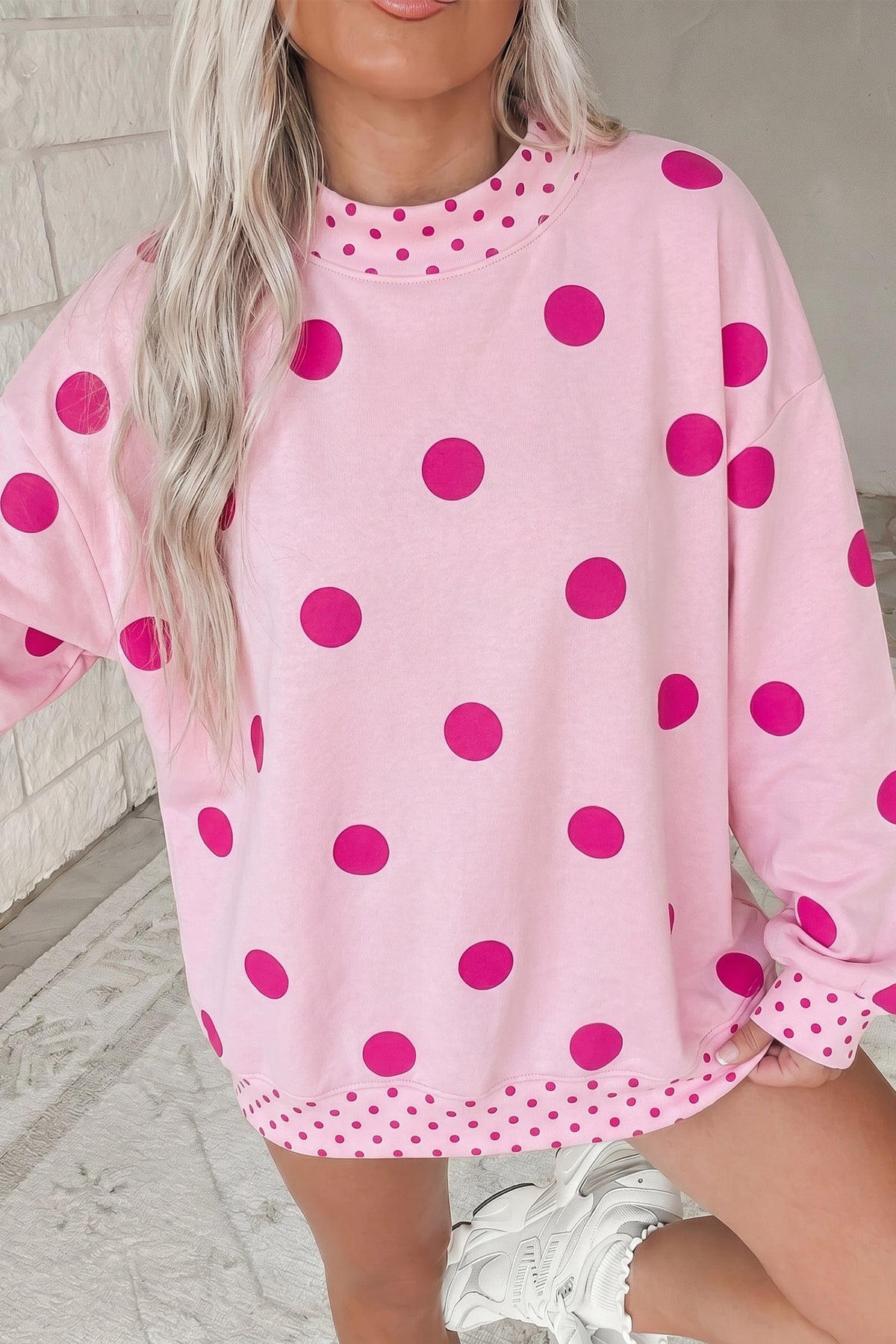Red Polka Dot Print Contrast Detail Oversized Tunic Sweatshirt