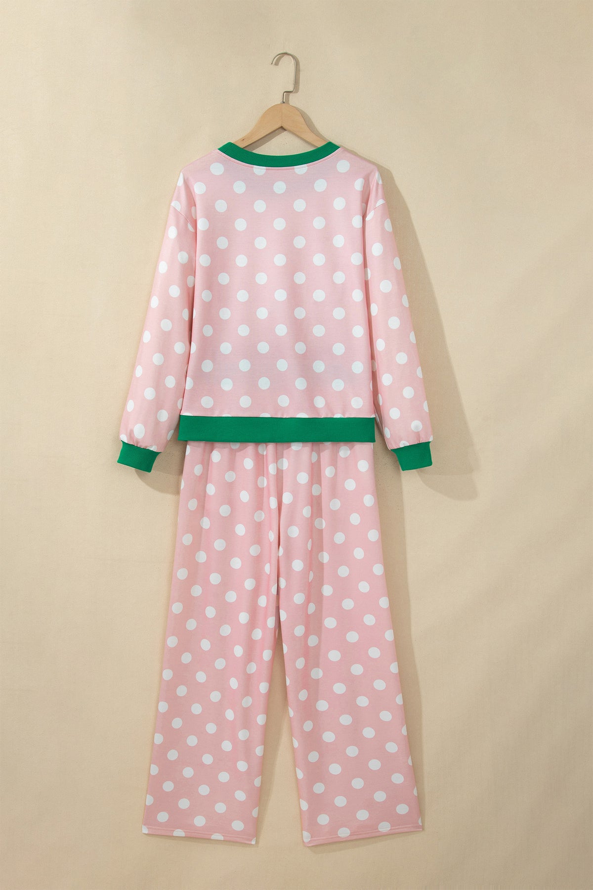 Khaki Polka Dot Contrast Trim Long Sleeve Top Drawstring Shift Pants Set