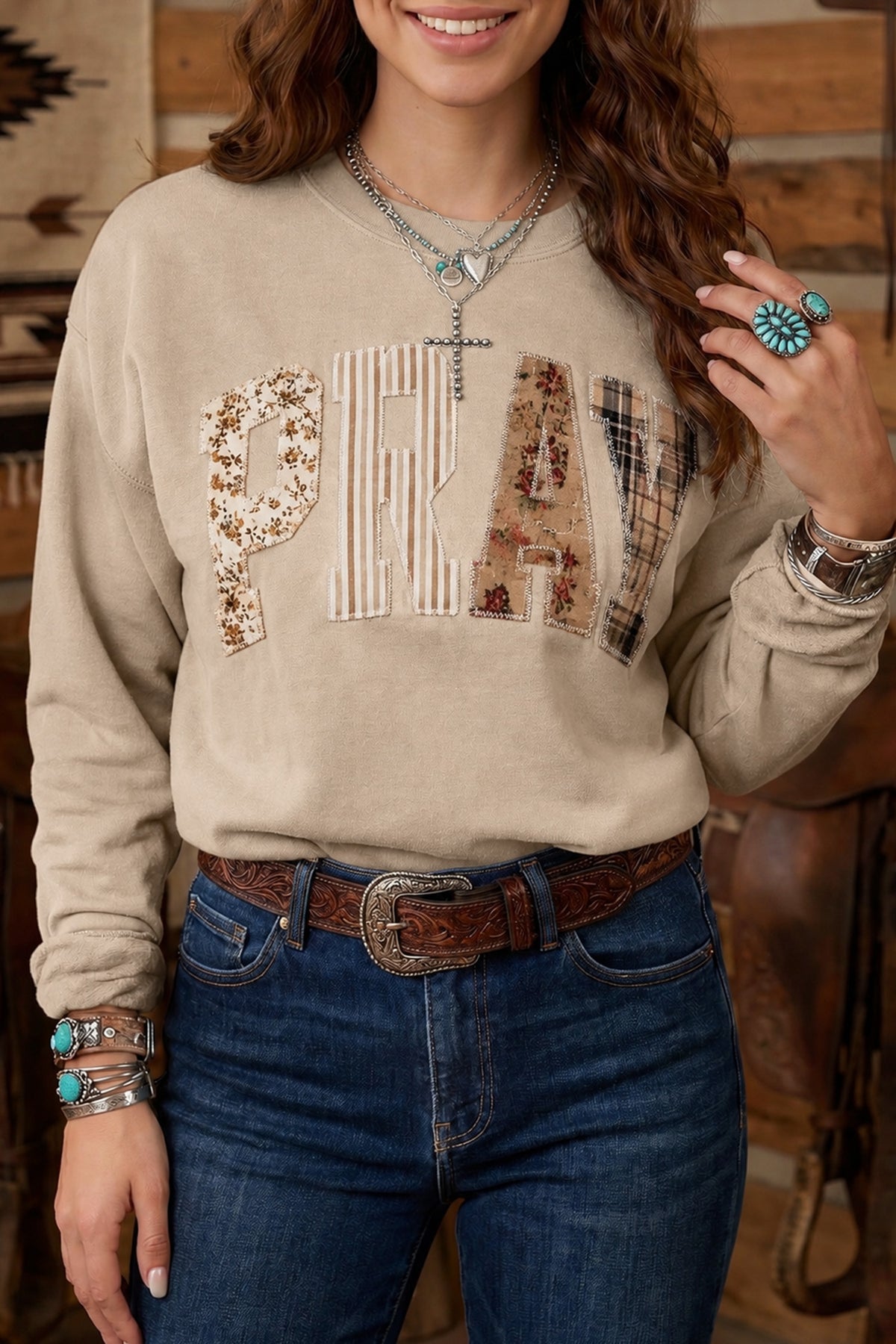 Gray Floral Buffalo Plaid Striped Embroidered Patch Western Pullover Sweatshirt