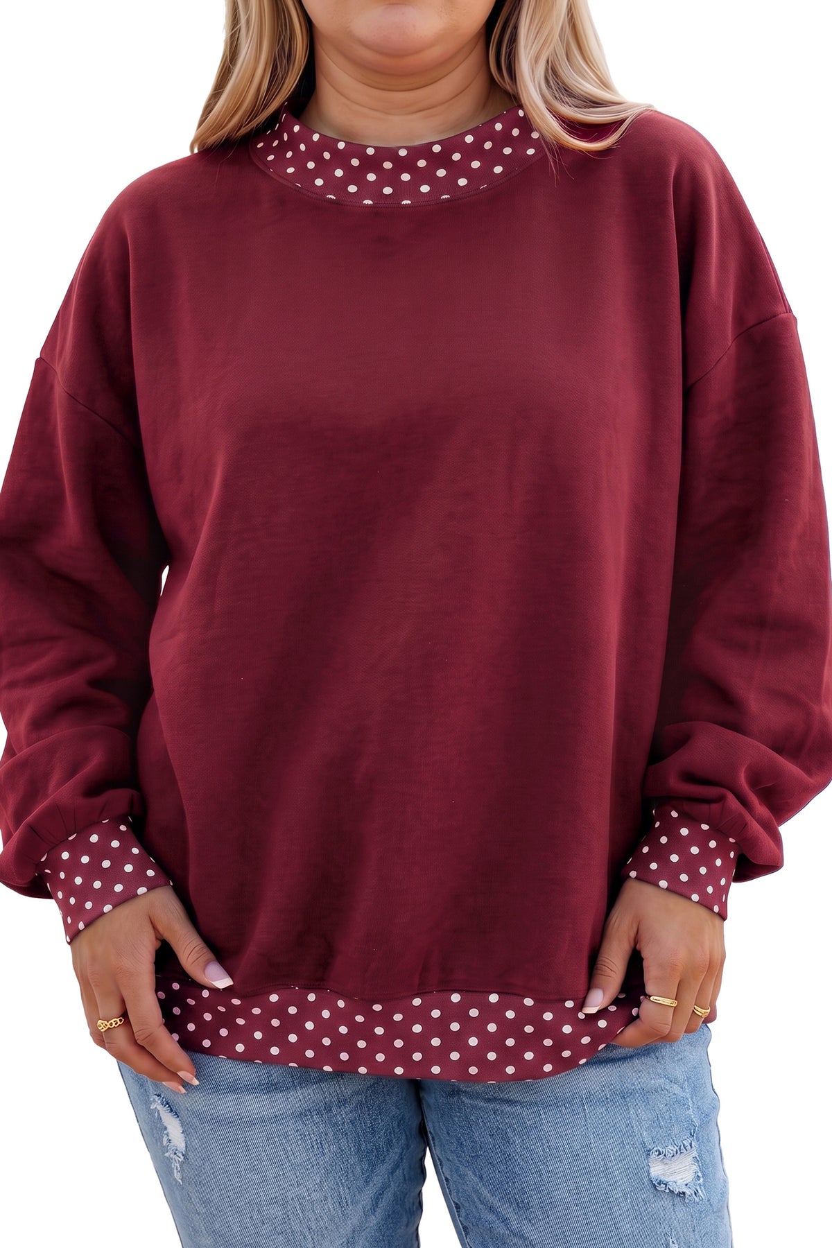 Red Polka Dot Patchwork Round Neck Plus Size Sweatshirt