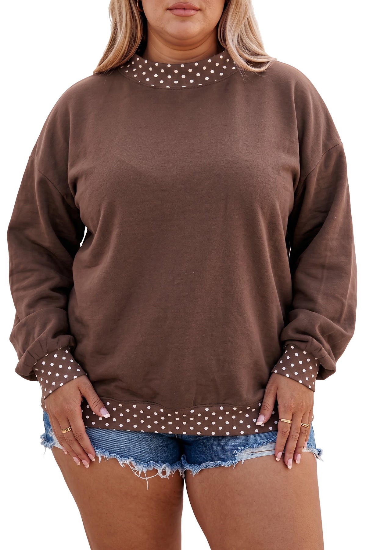 Red Polka Dot Patchwork Round Neck Plus Size Sweatshirt