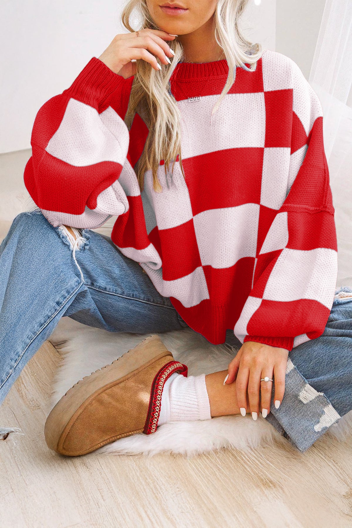 Orange Checkered Bishop Sleeve Sweater