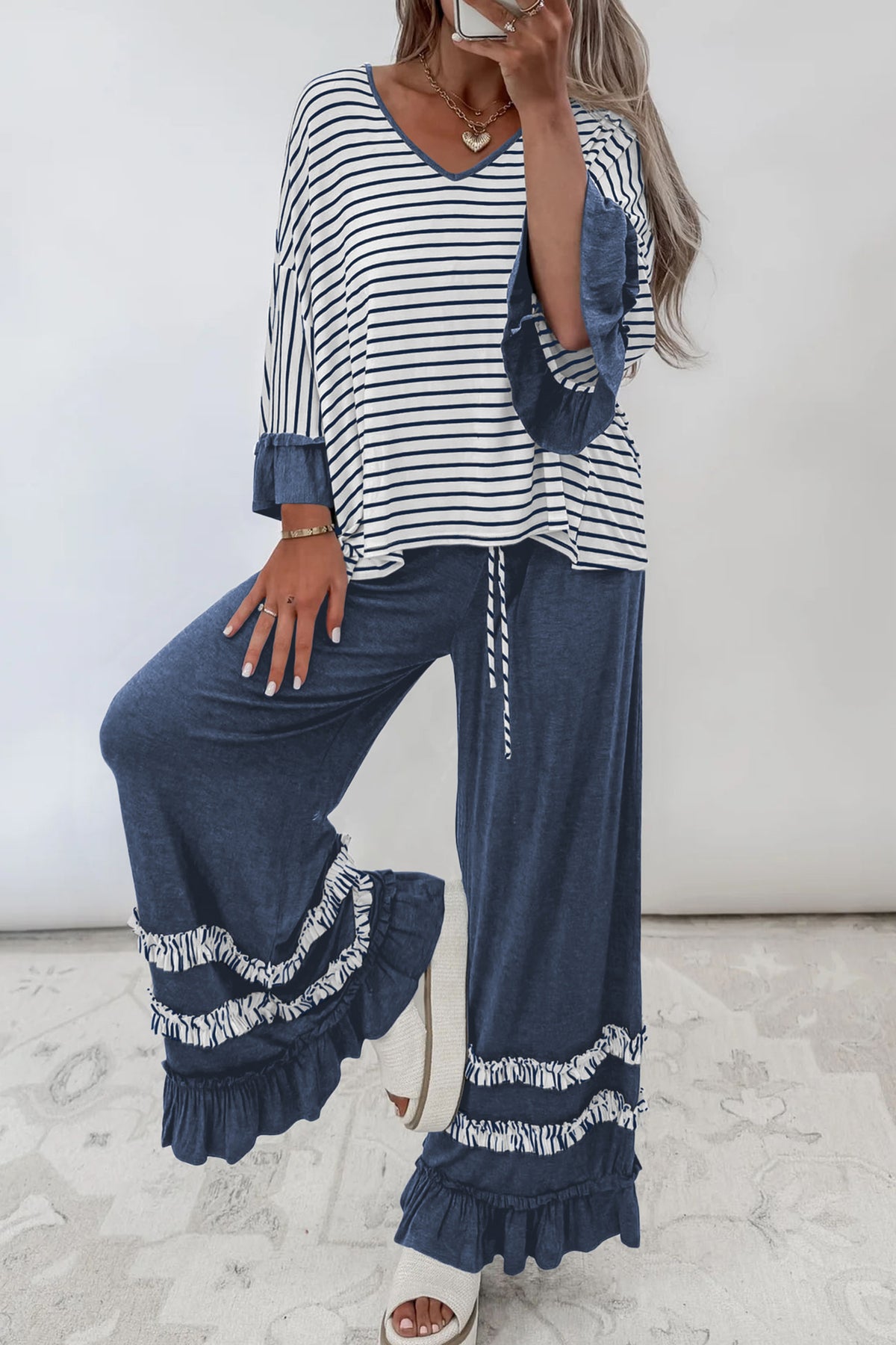 Gray Stripe V Neck Ruffle Contrast Sleeve Top Drawstring Pants 2pcs Set