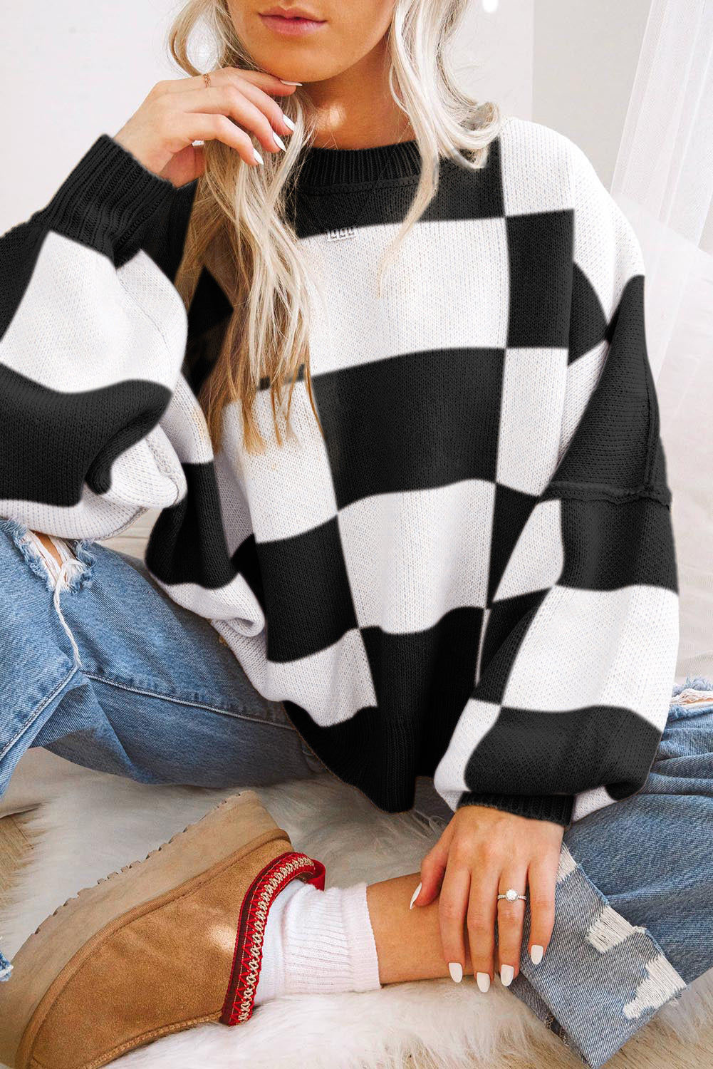 Orange Checkered Bishop Sleeve Sweater