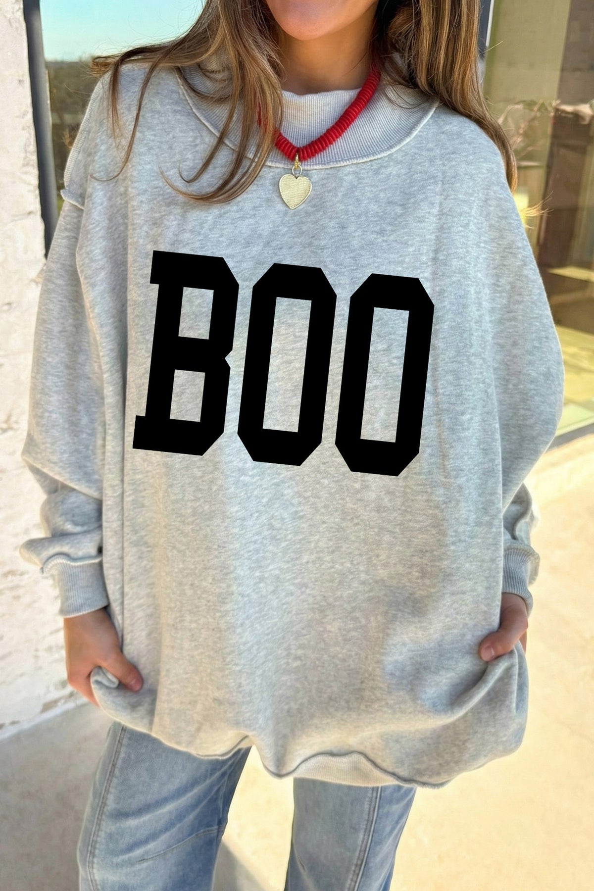 Light Grey Halloween Boo Slogan Ghost Print Reversible Mock Neck  Sweatshirt