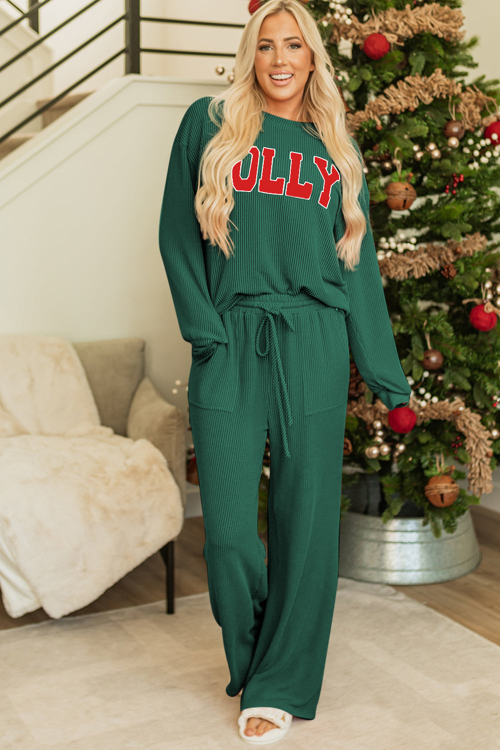 Fiery Red JOLLY Corded Long Sleeve Top and Pockets Pants Set