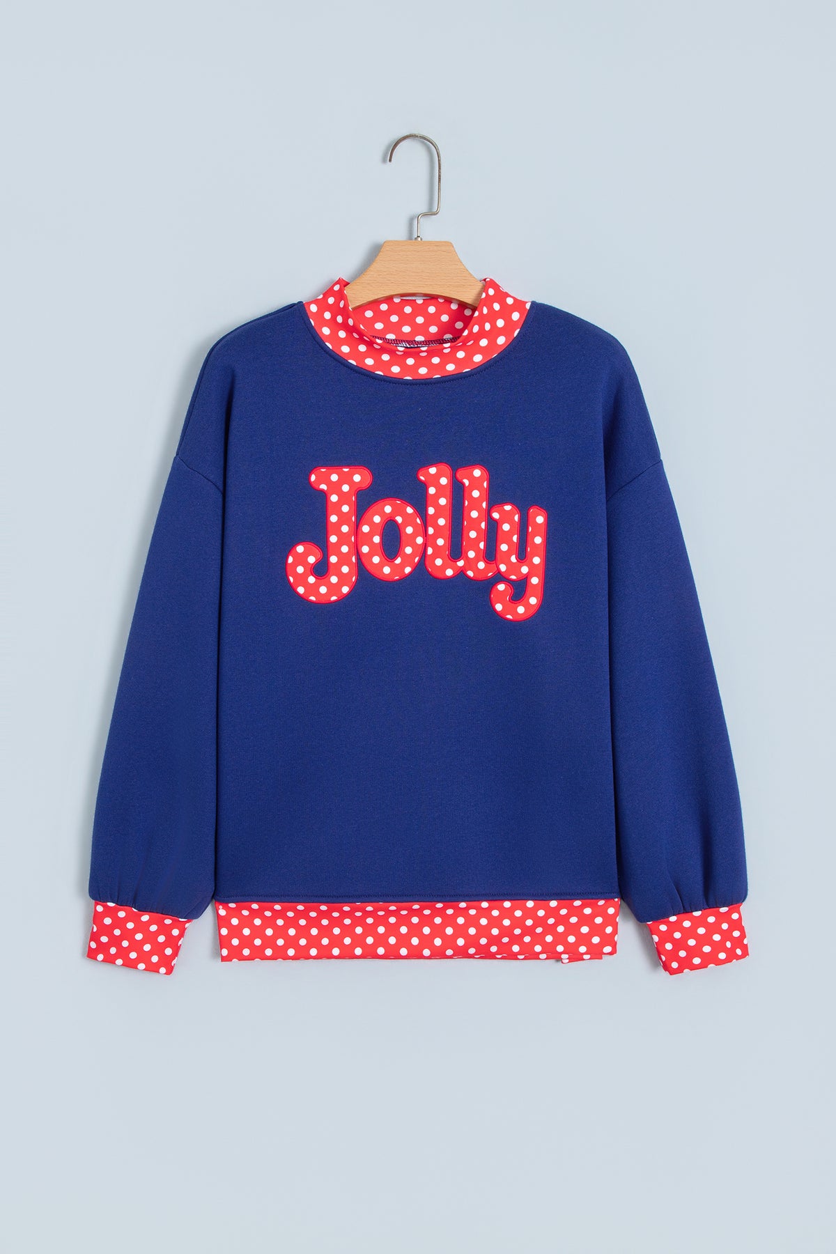 Fiery Red Polka Dot Letter Print Contrast Trim Mock Neck Sweatshirt